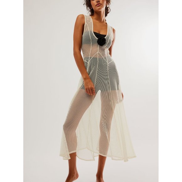 Free People Sheer Cream Chemise with Black Accents - Picture 1 of 7